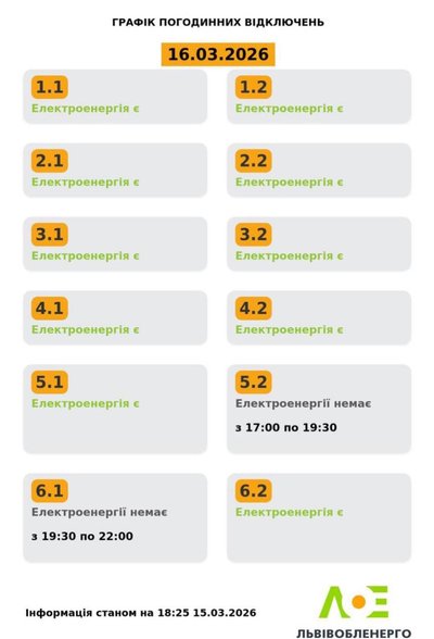 На Львівщині 16 березня будуть діяти графіки погодинного відключення електроенергії На Львівщині 16 березня будуть діяти графіки погодинного відключення електроенергії