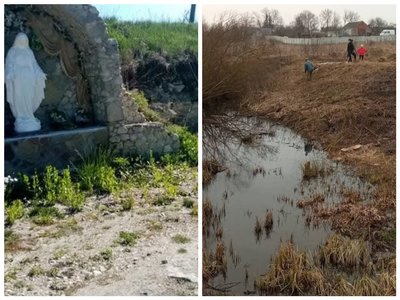 Фігурка Матері Божої, заросле джерело, бур'яни Фігурка Матері Божої, заросле джерело, бур'яни