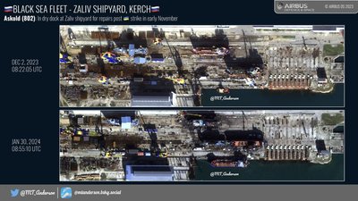 Супутникові знімки малого ракетного корабля "Аскольд" за 2 грудня 2023 року та 30 січня 2024 року Супутникові знімки малого ракетного корабля "Аскольд" за 2 грудня 2023 року та 30 січня 2024 року