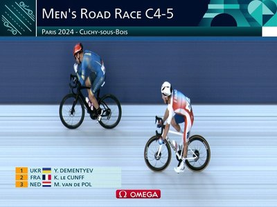 Фотофініш фіналу велогонки за участі Дементьєва на Паралімпіаді-2024 Фотофініш фіналу велогонки за участі Дементьєва на Паралімпіаді-2024