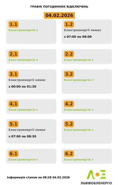 На Львівщині 4 лютого будуть діяти графіки погодинного відключення електроенергії На Львівщині 4 лютого будуть діяти графіки погодинного відключення електроенергії