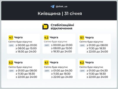 Як будуть вимикати світло на Київщині 31 січня: графіки Як будуть вимикати світло на Київщині 31 січня: графіки