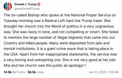 Трамп вимагає вибачення у єпископки, яка виступила після інавгурації Трамп вимагає вибачення у єпископки, яка виступила після інавгурації