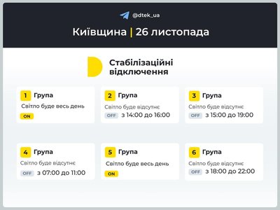 Графіки відключень світла у Києві та області 26 листопада