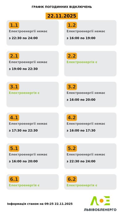 На Львівщині 22 листопада будуть діяти погодинні відключення електроенергії: графіки На Львівщині 22 листопада будуть діяти погодинні відключення електроенергії: графіки