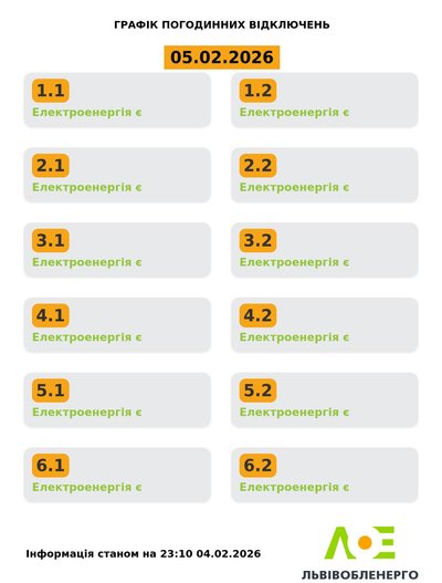 На Львівщині 5 лютого будуть діяти графіки погодинного відключення електроенергії На Львівщині 5 лютого будуть діяти графіки погодинного відключення електроенергії
