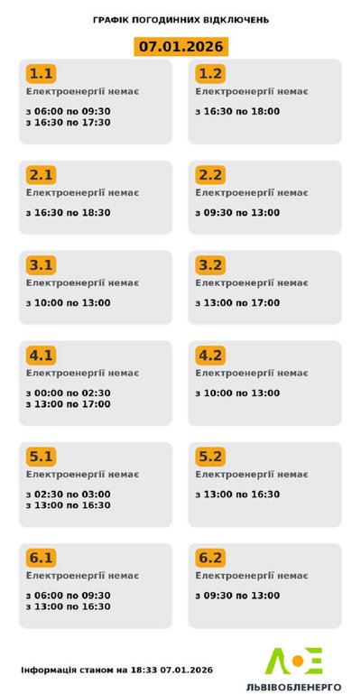На Львівщині 7 січня будуть діяти графіки відключення електроенергії На Львівщині 7 січня будуть діяти графіки відключення електроенергії