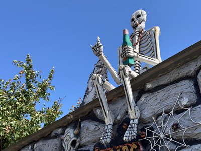 Скульптура скелета, яку зробив різьбяр Сергій. Миколаїв, червень 2025 року Скульптура скелета, яку зробив різьбяр Сергій. Миколаїв, червень 2025 року