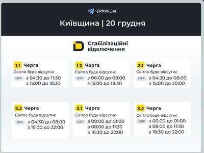 У Києві та області оновилися графіки відключень електрики на 20 грудня У Києві та області оновилися графіки відключень електрики на 20 грудня