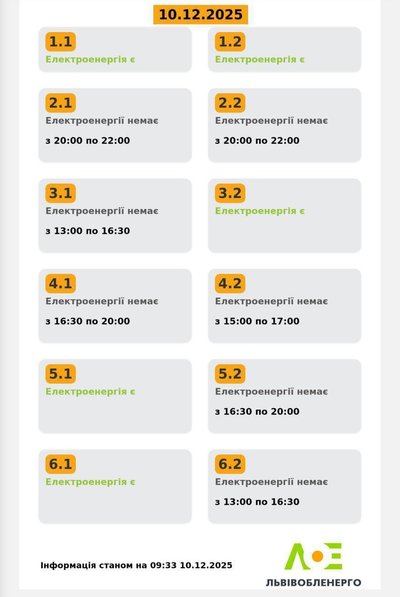 На Львівщині 10 грудня будуть діяти графіки відключення електроенергії На Львівщині 10 грудня будуть діяти графіки відключення електроенергії