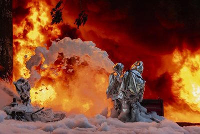 Працівники ДСНС під час ліквідації пожежі, що виникла унаслідок атаки Хмельниччини Працівники ДСНС під час ліквідації пожежі, що виникла унаслідок атаки Хмельниччини