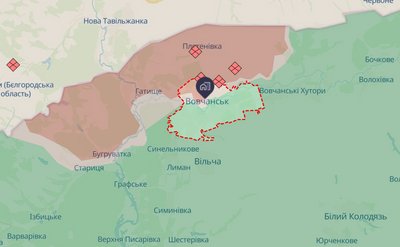 Вовчанськ на мапі бойових дій за 13 липня 2025 року Вовчанськ на мапі бойових дій за 13 липня 2025 року