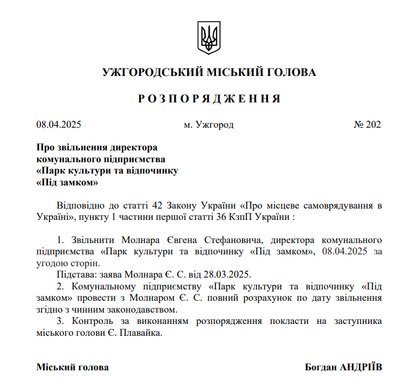 На Закарпатті звільнили керівника комунального підприємства "Під замком" Євгена Молнара На Закарпатті звільнили керівника комунального підприємства "Під замком" Євгена Молнара