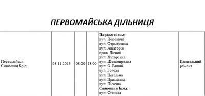 Графік відключення світла по адресах 8 листопада, Первомайська дільниця Графік відключення світла по адресах 8 листопада, Первомайська дільниця