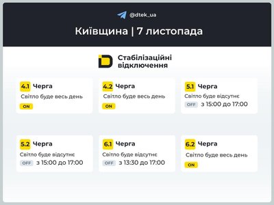У Києві та області 7 листопада діятимуть графіки відключень: коли вимикатимуть світло У Києві та області 7 листопада діятимуть графіки відключень: коли вимикатимуть світло
