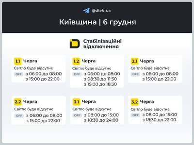 ДТЕК вдруге за добу оновив графіки відключення світла в Києві та області ДТЕК вдруге за добу оновив графіки відключення світла в Києві та області