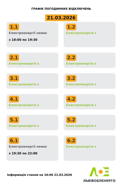 На Львівщині 21 березня запровадили графіки погодинного відключення електроенергії На Львівщині 21 березня запровадили графіки погодинного відключення електроенергії