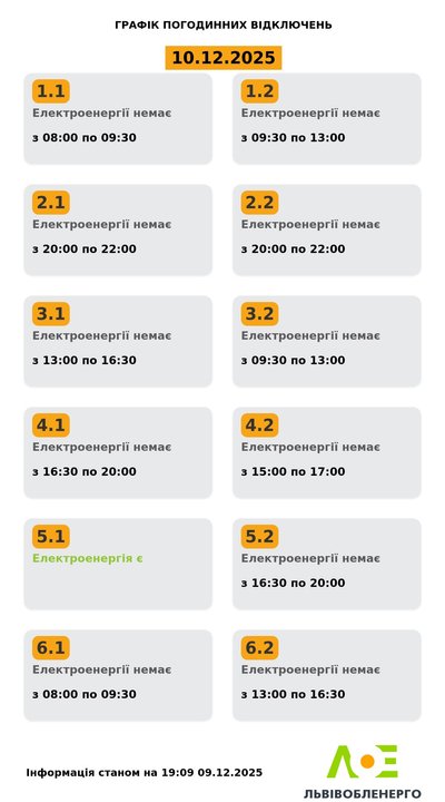 На Львівщині 10 грудня будуть діяти графіки відключення електроенергії На Львівщині 10 грудня будуть діяти графіки відключення електроенергії