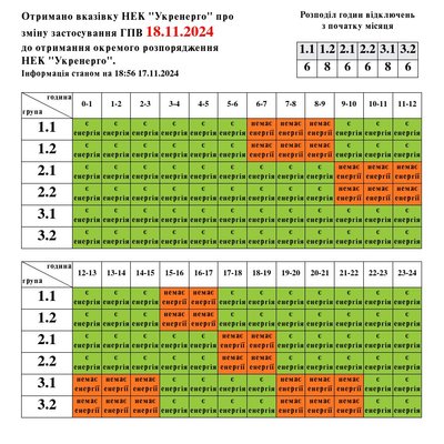 Графіки погодинного вимкнення електроенергії на Львівщині 18 листопада