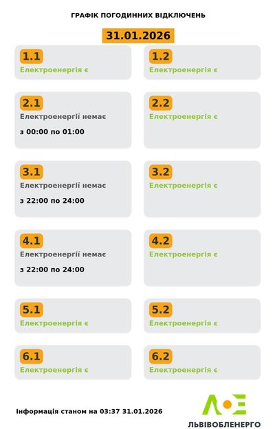 На Львівщині 31 січня будуть діяти графіки погодинного відключення електроенергії На Львівщині 31 січня будуть діяти графіки погодинного відключення електроенергії