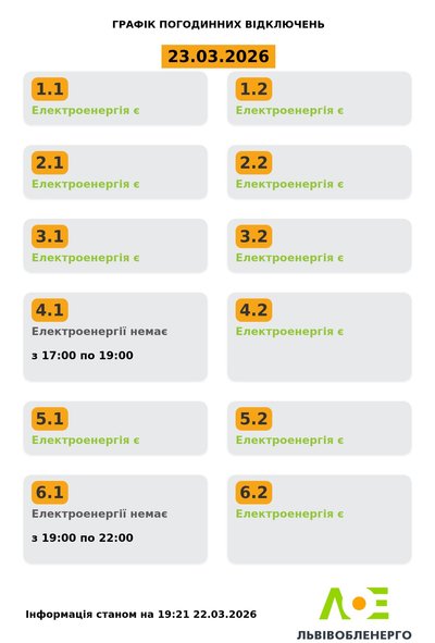 На Львівщині 23 березня запровадили графіки погодинного відключення електроенергії На Львівщині 23 березня запровадили графіки погодинного відключення електроенергії