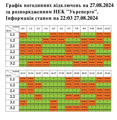 Оновлений графік відключень світла Оновлений графік відключень світла