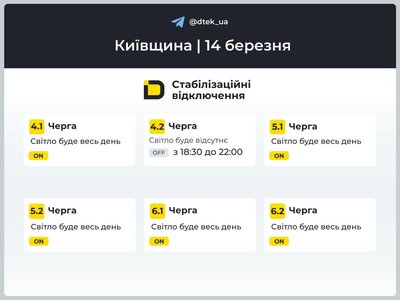 Лише у 2 з 12 підгруп на Київщині ввечері вимикатимуть світло: графіки ДТЕК на 14 березня Лише у 2 з 12 підгруп на Київщині ввечері вимикатимуть світло: графіки ДТЕК на 14 березня