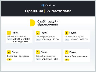 На Одещині 27 листопада вимикатимуть світло: графіки відключень На Одещині 27 листопада вимикатимуть світло: графіки відключень