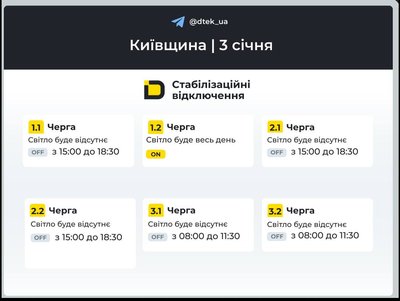 Графіки відключень на 3 січня: коли буде світло в Києві та в області Графіки відключень на 3 січня: коли буде світло в Києві та в області