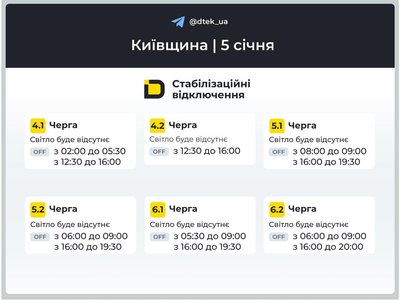 Вимкнення світла 5 січня: з'явилися графіки для столиці та Київської області Вимкнення світла 5 січня: з'явилися графіки для столиці та Київської області
