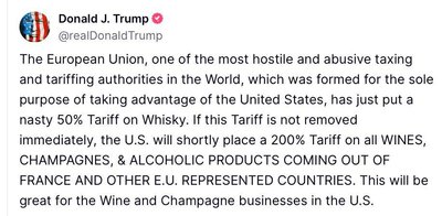 Трамп погрожує 200% митами на вина і шампанське з країн ЄС Трамп погрожує 200% митами на вина і шампанське з країн ЄС