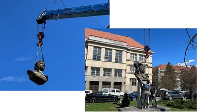 демонтаж пам'ятника Пушкіну в Мукачеві. Фото: Суспільне Ужгород демонтаж пам'ятника Пушкіну в Мукачеві. Фото: Суспільне Ужгород