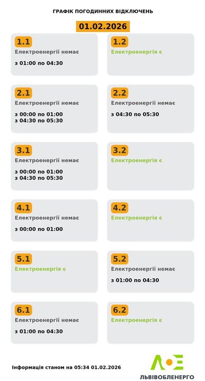 На Львівщині 1 лютого будуть діяти графіки погодинного відключення електроенергії На Львівщині 1 лютого будуть діяти графіки погодинного відключення електроенергії