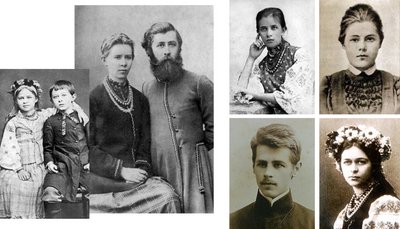 Олена Пчілка: Михайло і Лариса (Леся Українка) в дитинстві й дорослому віці, справа — дорослі Ольга, Оксана, Микола і Ізидора, діти Олени Пчілки і Петра Косача Олена Пчілка: Михайло і Лариса (Леся Українка) в дитинстві й дорослому віці, справа — дорослі Ольга, Оксана, Микола і Ізидора, діти Олени Пчілки і Петра Косача