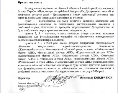 Житомирська ОВА позбавила 10 підприємств статусу критично важливих — їхні працівники втратили бронь Житомирська ОВА позбавила 10 підприємств статусу критично важливих — їхні працівники втратили бронь