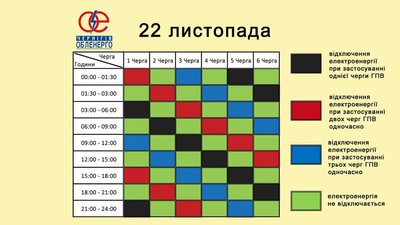 Графік погодинних відключень на Чернігівщині: які черги планують вимикати 22 листопада Графік погодинних відключень на Чернігівщині: які черги планують вимикати 22 листопада