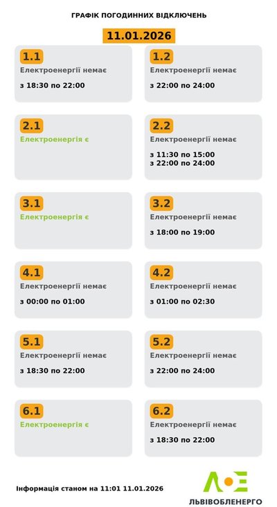 На Львівщині 11 січня будуть діяти графіки погодинного відключення електроенергії На Львівщині 11 січня будуть діяти графіки погодинного відключення електроенергії
