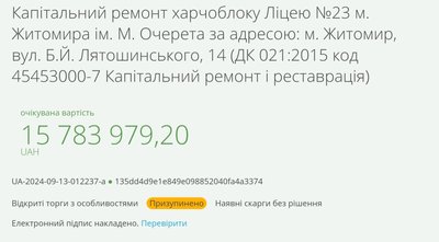 У Житомирському ліцеї № 23 призупинили тендер на ремонт їдальні. Що відомо