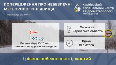 Попередження про ожеледицю та пориви вітру на Харківщині 18 лютого Попередження про ожеледицю та пориви вітру на Харківщині 18 лютого