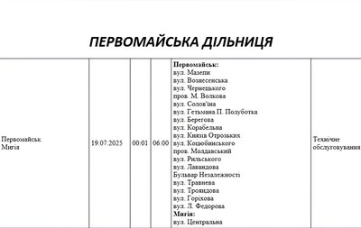Графік відключення світла по адресах 19 липня, Первомайська дільниця Графік відключення світла по адресах 19 липня, Первомайська дільниця