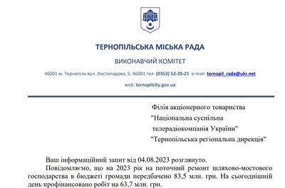 У Тернопільській міськраді розповіли, скільки грошей виділили на ремонт доріг і мостів цього року У Тернопільській міськраді розповіли, скільки грошей виділили на ремонт доріг і мостів цього року