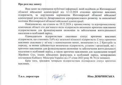 Житомирська ОВА позбавила 10 підприємств статусу критично важливих — їхні працівники втратили бронь Житомирська ОВА позбавила 10 підприємств статусу критично важливих — їхні працівники втратили бронь