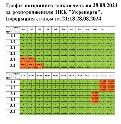 Оновлений графік відключень світла Оновлений графік відключень світла
