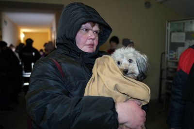 Жінка з собакою в укритті в Харкові, 24 січня 2026 року Жінка з собакою в укритті в Харкові, 24 січня 2026 року