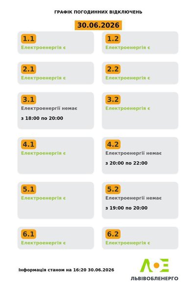 На Львівщині 30 червня будуть діяти графіки погодинного відключення електроенергії На Львівщині 30 червня будуть діяти графіки погодинного відключення електроенергії