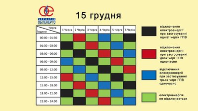Графік погодинних відключень електроенергії на Чернігівщині: які черги планують вимикати 15 грудня Графік погодинних відключень електроенергії на Чернігівщині: які черги планують вимикати 15 грудня