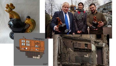 Керамічний півник з Бородянки шафка стійкість Єлизавета Серватинська фотографка Суспільного Володимир Зеленський Борис Джонсон з півником Керамічний півник з Бородянки шафка стійкість Єлизавета Серватинська фотографка Суспільного Володимир Зеленський Борис Джонсон з півником