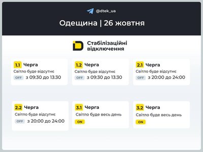 На Одещині 26 жовтня вимикатимуть світло: графіки для всіх черг На Одещині 26 жовтня вимикатимуть світло: графіки для всіх черг