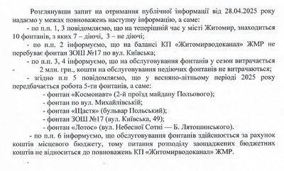 Житомирські фонтани: перелік, стан і які працюватимуть цього сезону Житомирські фонтани: перелік, стан і які працюватимуть цього сезону
