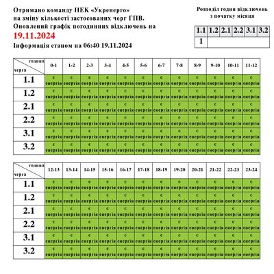 Графік вимкнення світла на 19 листопада Графік вимкнення світла на 19 листопада